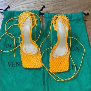 Bottega Veneta Stretch Square-Toe Ankle Strap Mesh Pumps